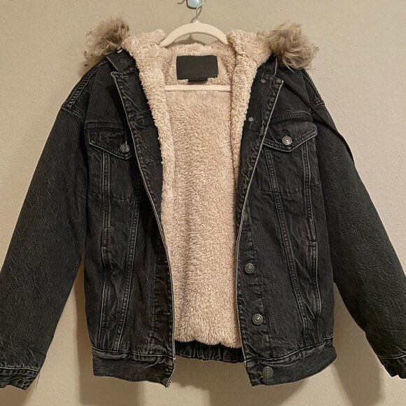 American Eagle XS, Black, Faux Fur lined Jacket with Faux Fur Hoodie - Picture 2 of 12